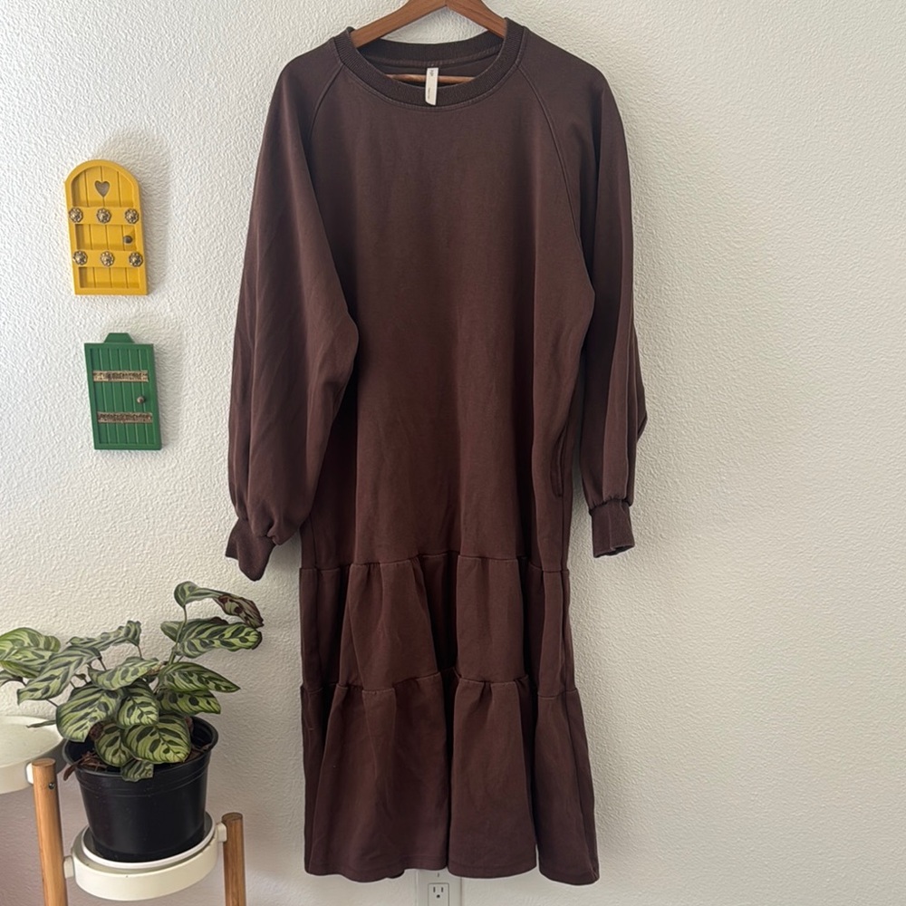 NAP Loungewear Tiered Crewneck Long Sleeve Dress Cotton Brown Mocha Size Small - Picture 2 of 10